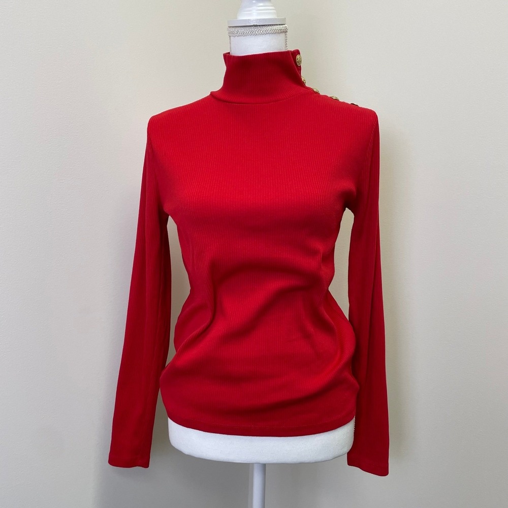 J.Crew Womens Red Ribbed Turtleneck Sweater M Gold Button PreppyOffice Classic